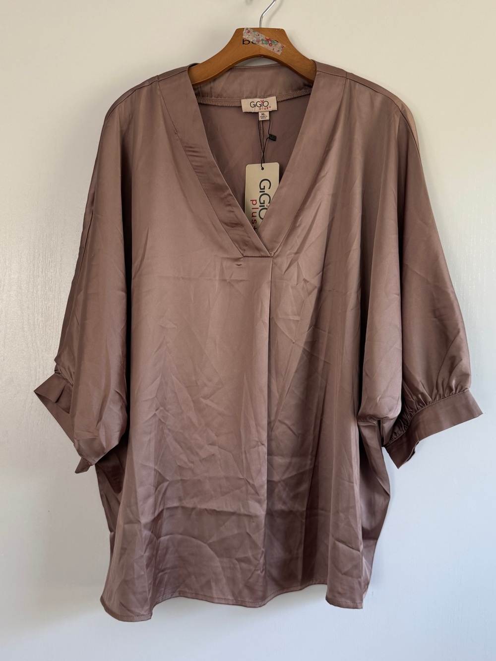Gigio Satin Oversized V-Neck Dolman Sleeve Top - Taupe Brown XL